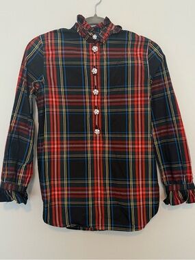 J Crew Red & Black Plaid Button-Up Blouse with Jewel Buttons